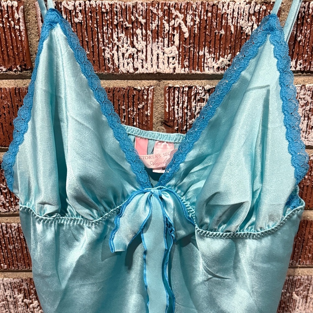 Victoria's Secret Vintage Angels Babydoll Turquoise Satin Ruffle Bow Slip Size M - Picture 5 of 6